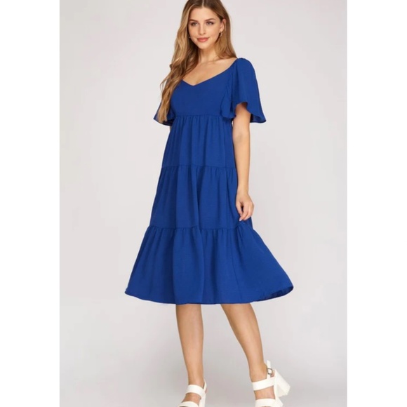 She + Sky Full Size Printed V-Neck Puff Sleeve Tiered Dress Plus Size main image 0